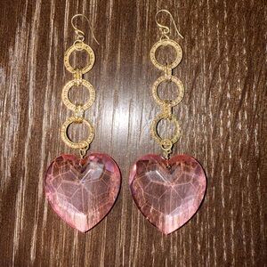 Gold and Pink Heart Drop Earrings
